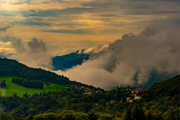 Alpine Village Novaggio in the Clouds with Mountain View in Ticino, Switzerland.