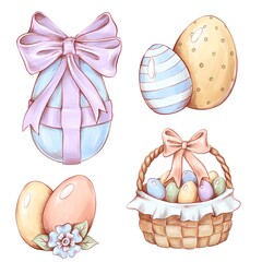 cute set of Easter Eggs. egg, bow and basket. pastel colour illustration for spring festive day.