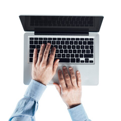 Businessman typing on a laptop - obrazy, fototapety, plakaty