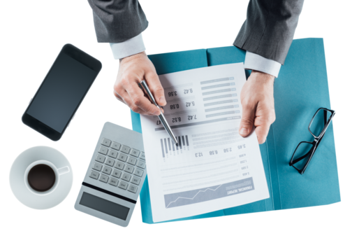 Business man checking a financial report