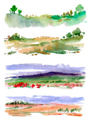 Nature and landscape. Watercolor illustration of trees, forest, mountains, flowers, plants, houses, fields, farms and villages. Picture for background, card or cover