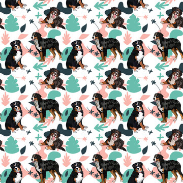 Bernese Mountain dog wallpaper with leaves, palms, flowers, plants. Pastel green, pink, navy. Holiday abstract natural shapes.Seamless floral background with dogs, repeatable pattern.Birthday backdrop