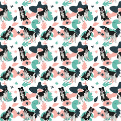 Naklejka na ściany i meble Border collie dog wallpaper with leaves, palms, flowers, plants.Pastel green, pink, navy. Holiday abstract natural shapes. Seamless floral background with dogs, repeatable pattern.Birthday wallpaper. 
