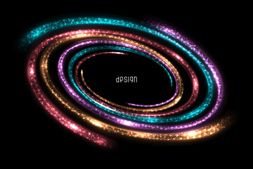 Glowing spiral with bright flashes. Swirl light effect. Dynamic ellipse. Abstract luminous frame.
