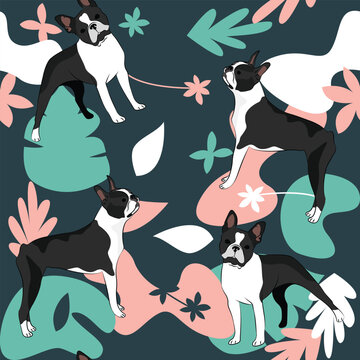 Boston terrier dog wallpaper with leaves, palms, flowers, plants.Pastel green, pink, navy.Holiday abstract natural shapes. Seamless floral background with dogs, repeatable pattern. Birthday wallpaper 