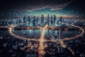 Concept of smart network and connection technology against a nighttime Bangkok cityscape in Thailand, generative AI