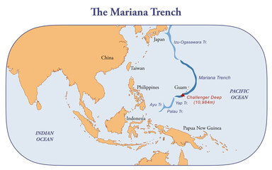Map of the Mariana trench, deepest oceanic trench of earth - obrazy, fototapety, plakaty