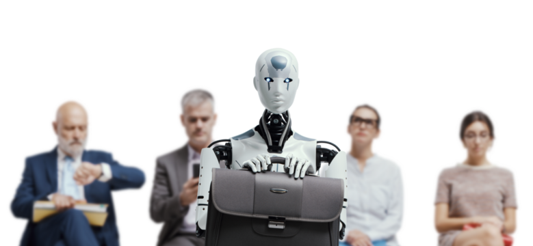 Business people and humanoid robot waiting for a job interview