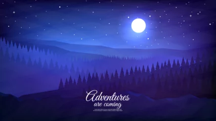 Gordijnen Night landscape illustration. Forest with hills. Beautiful starry sky with moon. Design for banner, wallpaper, poster, invitation, web.  © Goldenboy_14