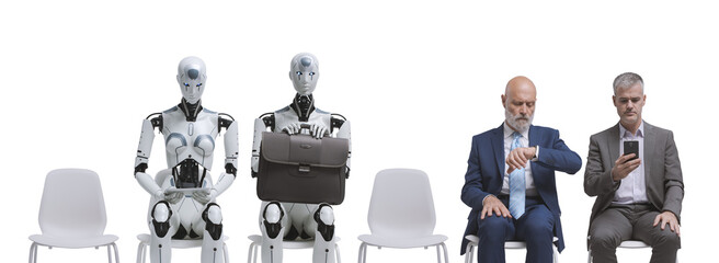 Business people and humanoid robot waiting for a job interview
