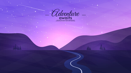 Vector illustration, flat style design. Design for banner, wallpaper, poster, invitation. Evening landscape illustration. Hills with the road. Beautiful starry sky.