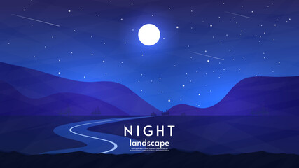 Vector illustration, flat style design. Night landscape illustration. Hills with the road. Moonlight. Beautiful starry sky with moon. Design for banner, wallpaper, poster, invitation. 