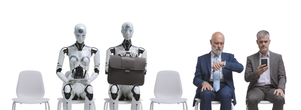Business people and humanoid robot waiting for a job interview