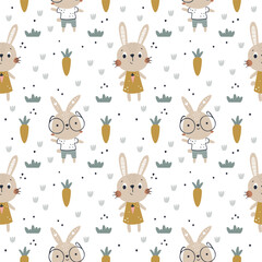 vector seamless pattern with bunnies and carrots