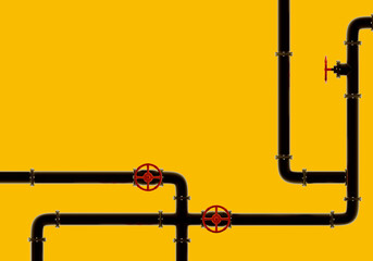 Metal pipes. Gas pipeline. Steel pipes on yellow. Black piping with valves. Place for inscription. Sewer pipes. Pipeline of engineering communications. Background with plumbing. 3d image.