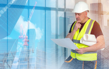Builder man thought. Architectural company worker. Construction business manager Architect studies documents. Skyscrapers and tower crane. Construction office worker. Male architect designer