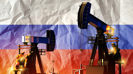 Oil fields in Russia. Petrochemical industry. Flag of Russian Federation behind petrol equipment....