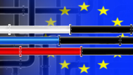 Pipeline in colors Russian flag. Pipes from Russia to Europe. Concept of Russian gas supplies to European Union. Oil pipeline near flag of Europe. Import and export of energy carriers. 3d rendering.