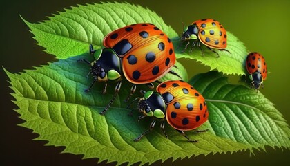 Obraz premium Ladybugs ladybirds on green leaf, generative ai