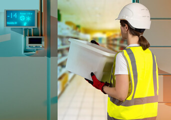 Woman with box in large refrigerator. Production refrigerator with girl. Worker in reflective vest...