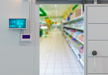 Freezer for food storage. Industrial freezing system in supermarket. Freezing equipment. Freezer temperature control panel on wall. Exit from freezer to supermarket. Refrigeration technology. 3d image