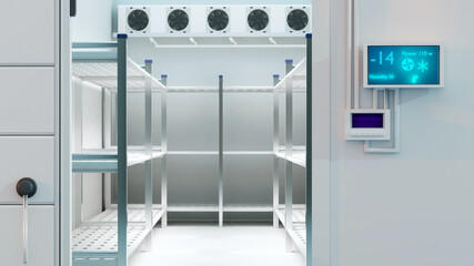 Empty refrigerator compartment. Freezer for food storage. Refrigeration chamber with steel racks. Industrial freezing equipment. Temperature panel near entrance to refrigerator compartment. 3d image