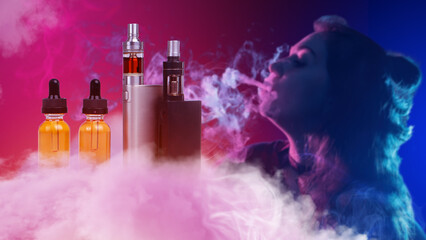 Woman smokes vape cigar. Electronic cigarette with refill oil. Vape device in smoke. Vaper girl enjoys smoking. Vape hobby. Vaping kit sale concept. Vaping Gadget Liquid. Tobacco cessation metaphor
