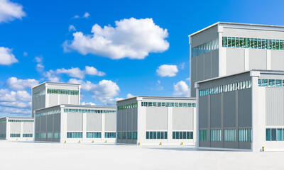Industrial area. Production building under blue sky. Summer industrial landscape. Production hangars with spacious concrete platform. Territory of factory or plant. Warehouse hangars. 3d image.