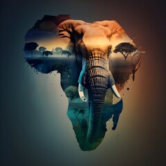 Elephant and continents of africa double exposure generative AI