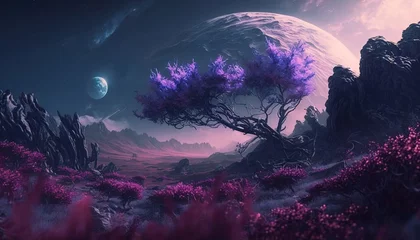   a painting of a purple landscape with a tree in the foreground.  generative ai © Oleg