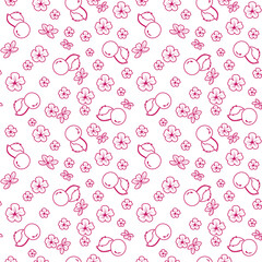 Seamless wallpaper with ornament in form of red cherry berries and flowers, contour drawing in doodles on white background. Cute pattern for wallpaper, cover, fabric, printing, packaging, wrapping 