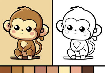 Cute monkey cartoon illustration in coloring page style baby safari animal