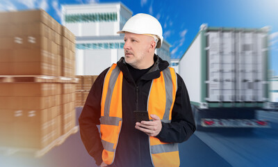 Fototapeta na wymiar Logistics specialist. Man with smartphone. Guy in protective helmet near logistics center. Boxes and truck in industrial zone. Man works in logistics warehouse. Supervisor, manager, storekeeper