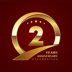 2nd Anniversary logo design with shiny gold ring style. Logo Vector Template