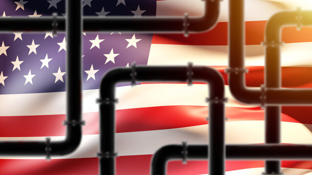 Us pipes and flag. Industry of united states of america. Pipeline for oil or gas. Concept of oil products export in us. Buying energy resources in america. Chemical industry us. 3d image