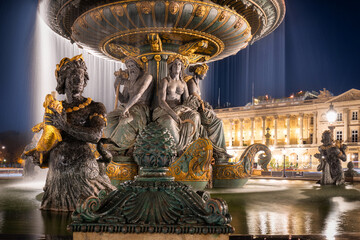 The Fountain of the Seas (Fontaine des Mers) at Place de la Concorde at dusk, Paris. France