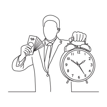 Businessman holding clock and cash money line drawing hand drawn illustration.