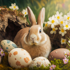 Little Bunny In Basket With Decorated Eggs
