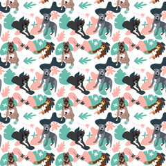PitBull dog wallpaper with leaves, palms, flowers, plants. Pastel green, pink, navy. Holiday abstract natural shapes. Seamless floral background with dogs, repeatable pattern. Birthday wallpaper. 