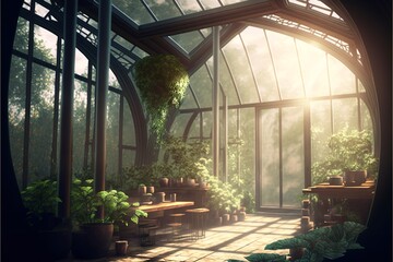 nice greenhouse with lots of green plants and natural lights - obrazy, fototapety, plakaty