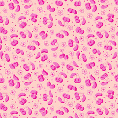Seamless pattern ornament of cherry berries on  pink trendy background. Template for printing, fabric, packaging, paper, wrapping paper. Summer design.