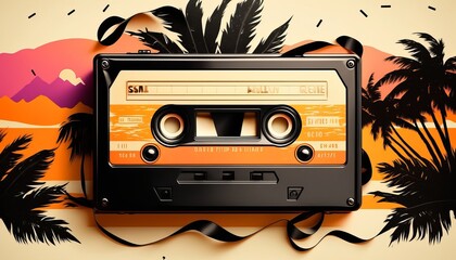 Audio cassette tape, palm 90s. Modern collage in retro colors for party design.