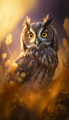 Close-Up of an owl standing on the ground. Wallpaper for motivation, strength and nature elements. Created with Generative AI