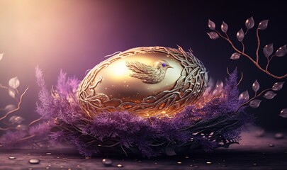  a golden egg with a bird on it surrounded by purple feathers and branches with water droplets on the surface and a purple background with a light.  generative ai