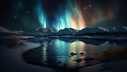 Majestic Night, A Serene Snowy Landscape with Northern Lights, Snowy Mountain, Frozen Lake - Illustration