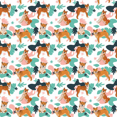 Shiba Inu dog wallpaper with leaves, palms, flowers, plants. Pastel green, pink, navy. Holiday abstract natural shapes. Seamless floral background with dogs, repeatable pattern. Birthday wallpaper. 
