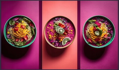  a bowl of food with a spoon and a spoon in it on a pink and purple background with three different images of the same bowl.  generative ai