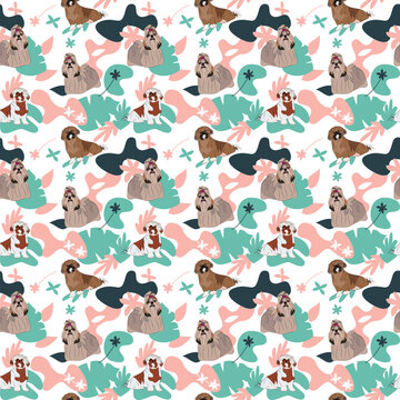 Shih Tzu dog wallpaper with leaves, palms, flowers, plants. Pastel green, pink, navy. Holiday abstract natural shapes. Seamless floral background with dogs, repeatable pattern. Birthday wallpaper. 