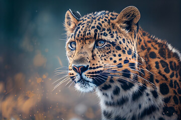 Fototapeta na wymiar Portrait of a leopard in the background of a snowy landscape. AI generated