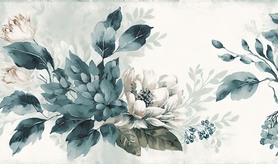  a painting of a bouquet of flowers on a white background with green leaves and buds on the bottom of the picture is a blue and white background.  generative ai